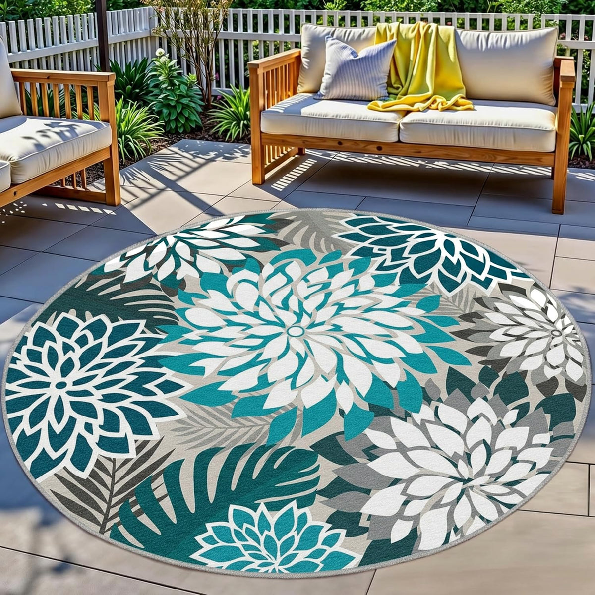 Arenarug Outdoor Rug 6' Round Teal Floral Pattern front view