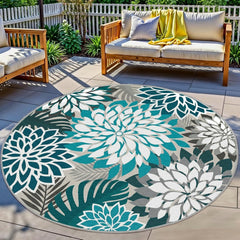 Arenarug Outdoor Rug 6' Round Teal Floral Pattern front view