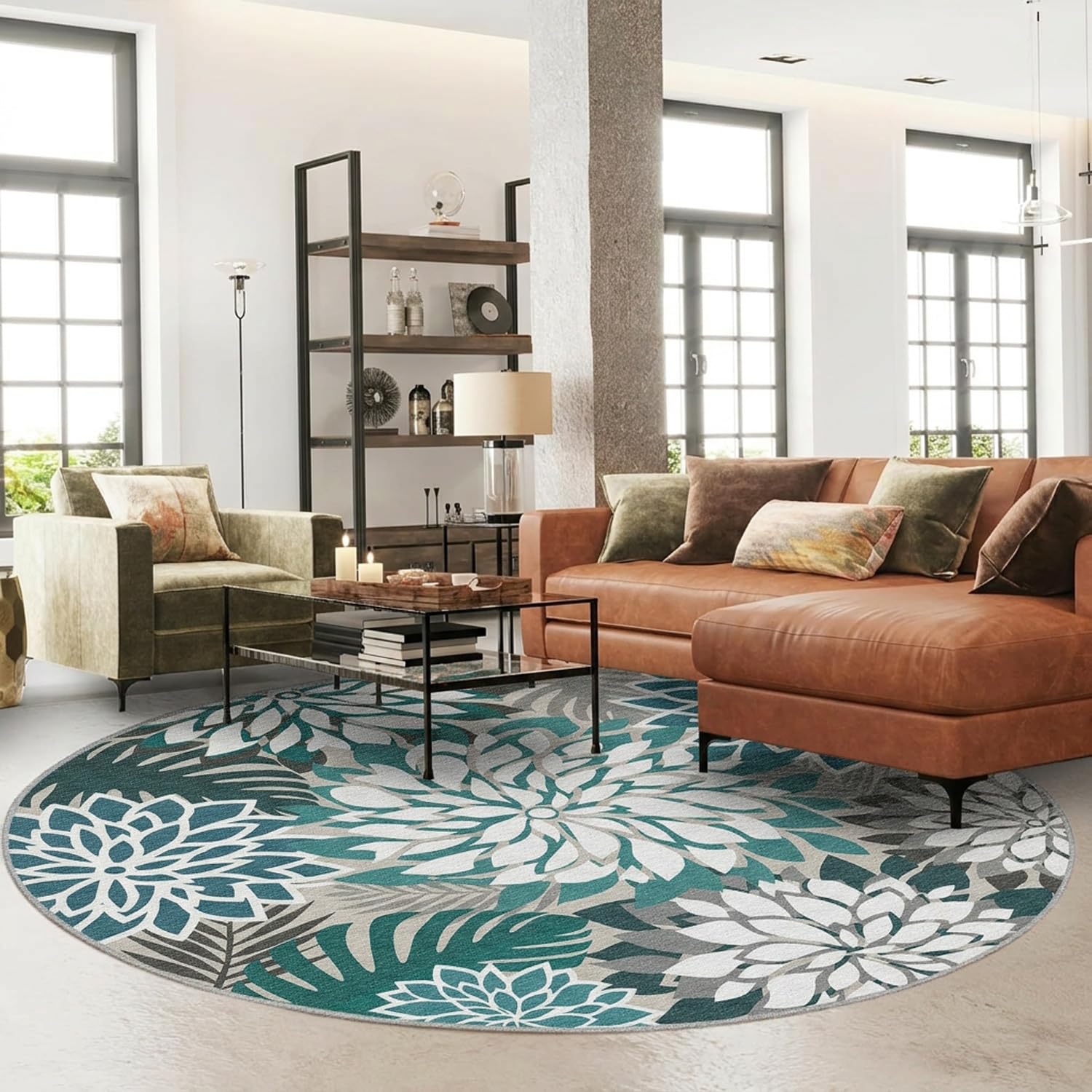 Arenarug Outdoor Rug 6' Round Teal Floral Pattern in use