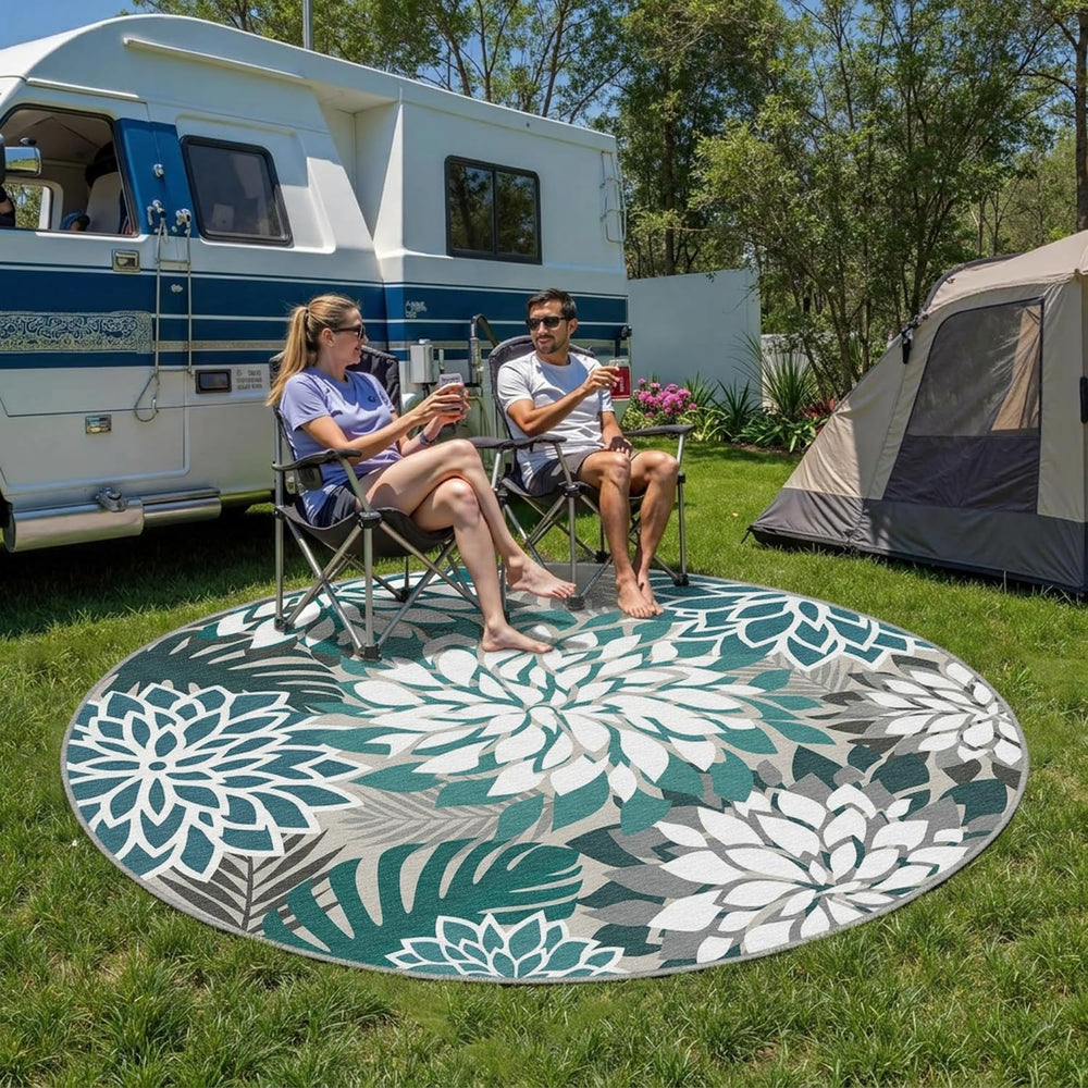 Arenarug Outdoor Rug 6' Round Teal Floral Pattern packaging
