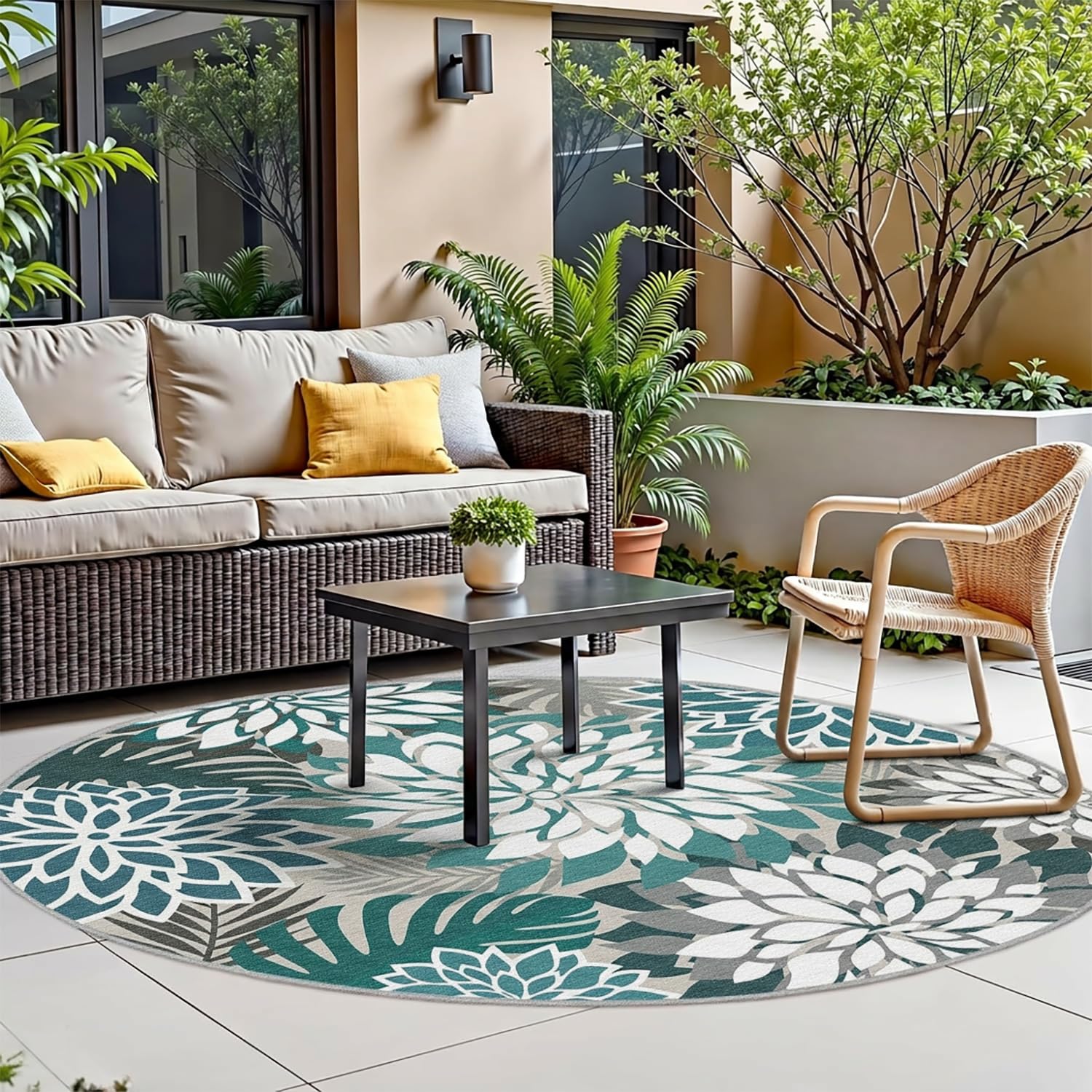 Arenarug Outdoor Rug 6' Round Teal Floral Pattern side view