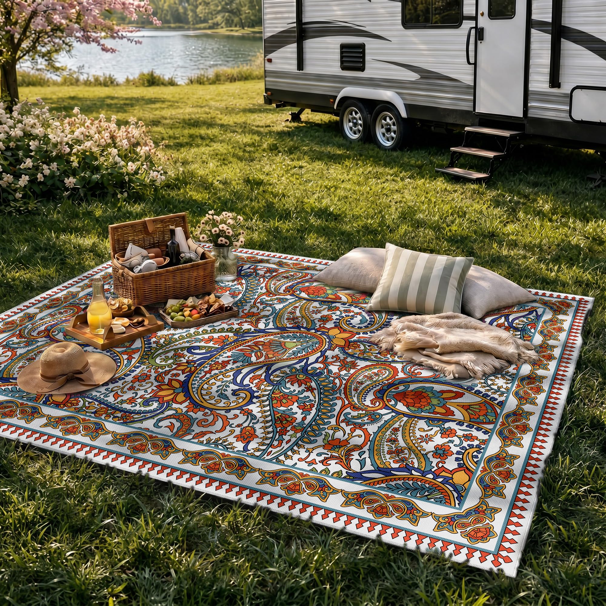 Arenarug Paisley Outdoor Rug displayed on patio