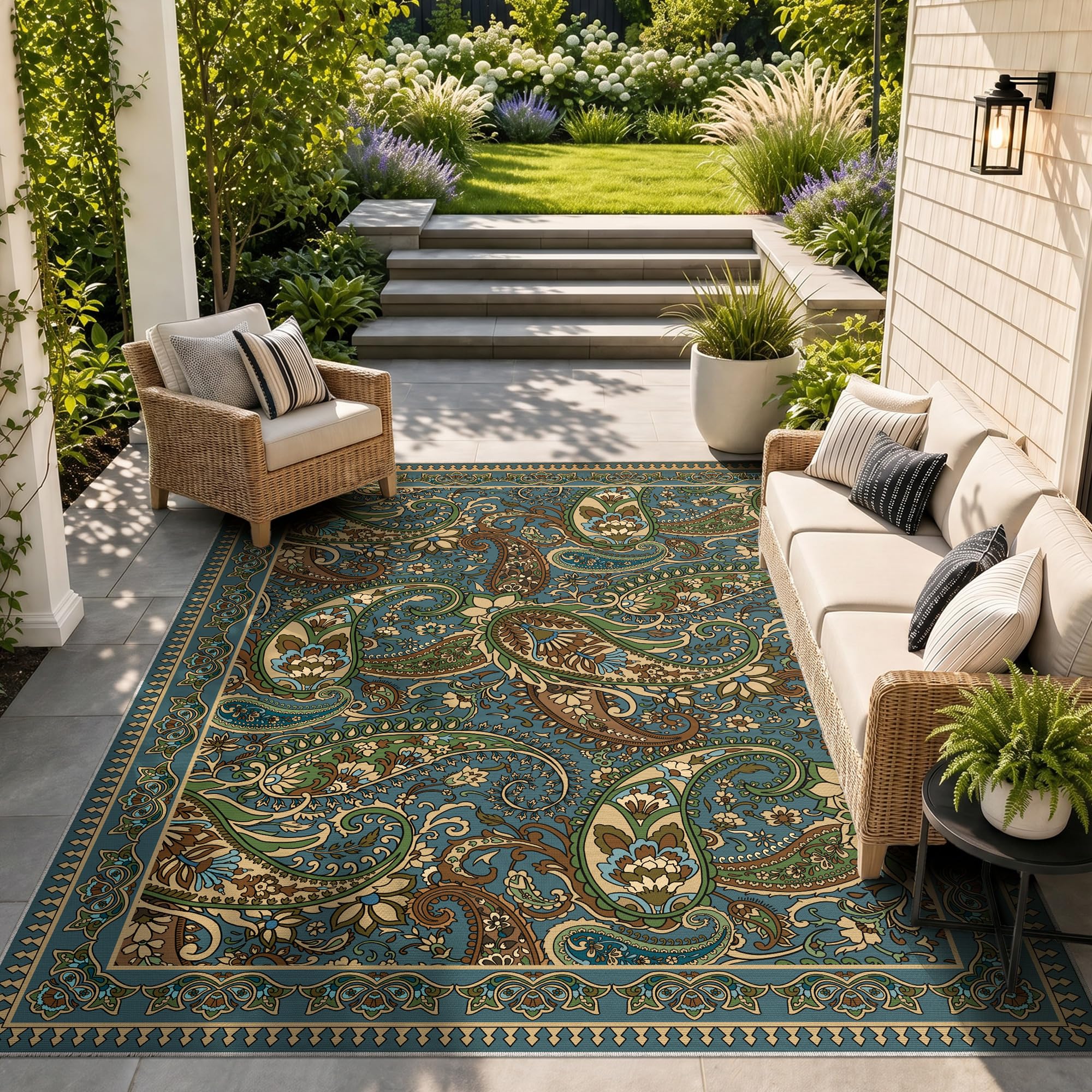 Arenarug Paisley Rug being cleaned with a garden hose