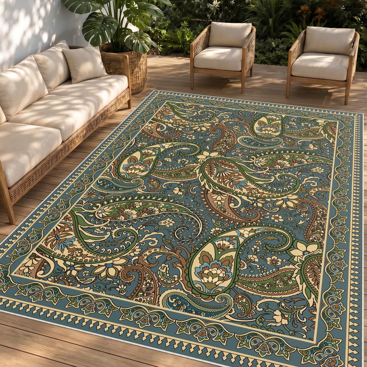 Arenarug Paisley Waterproof Outdoor Rug 5x8 in Sage and Blue