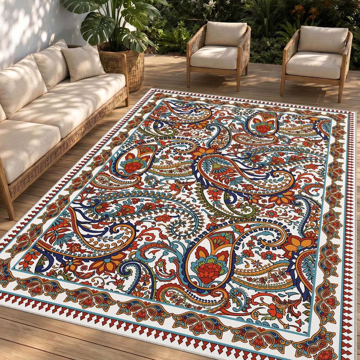 Arenarug Paisley Waterproof Outdoor Rug 5x8 in White Multi front view