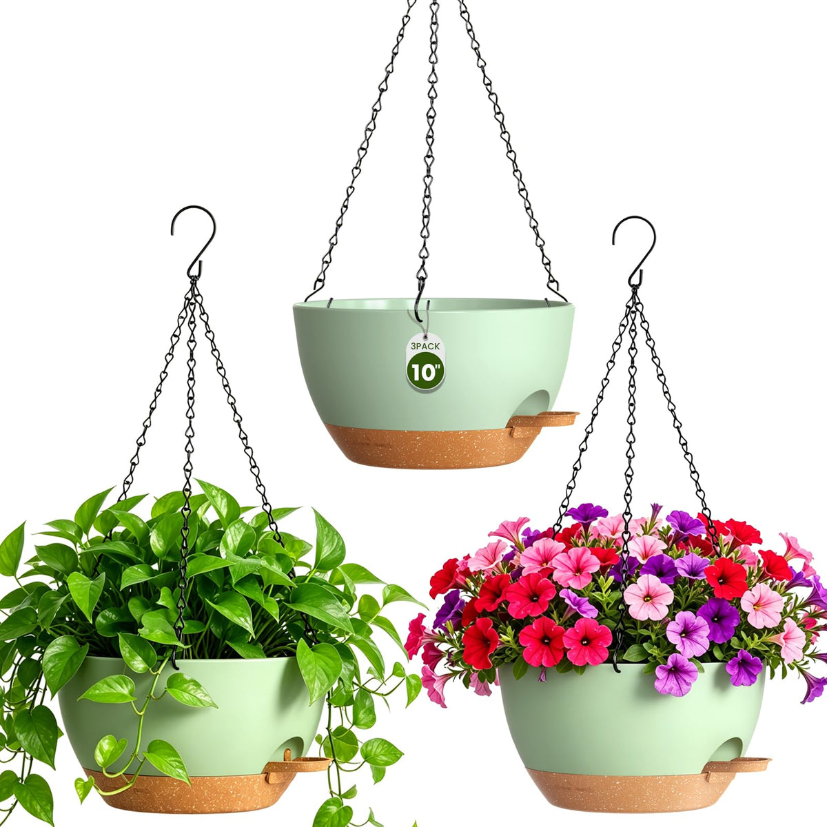 Areutxbis 10 Inch Self-Watering Hanging Planters Set of 3, Green Brown