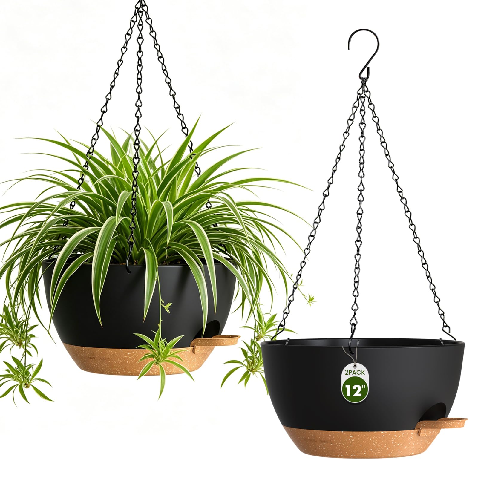 Areutxbis 12 Inch self-watering hanging planter in black brown, front view