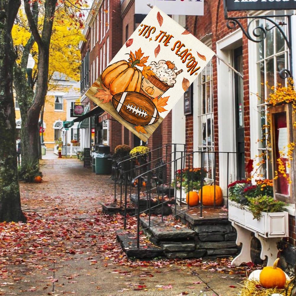 ARGOOGF Fall House Flag hanging on a decorative stand in a garden