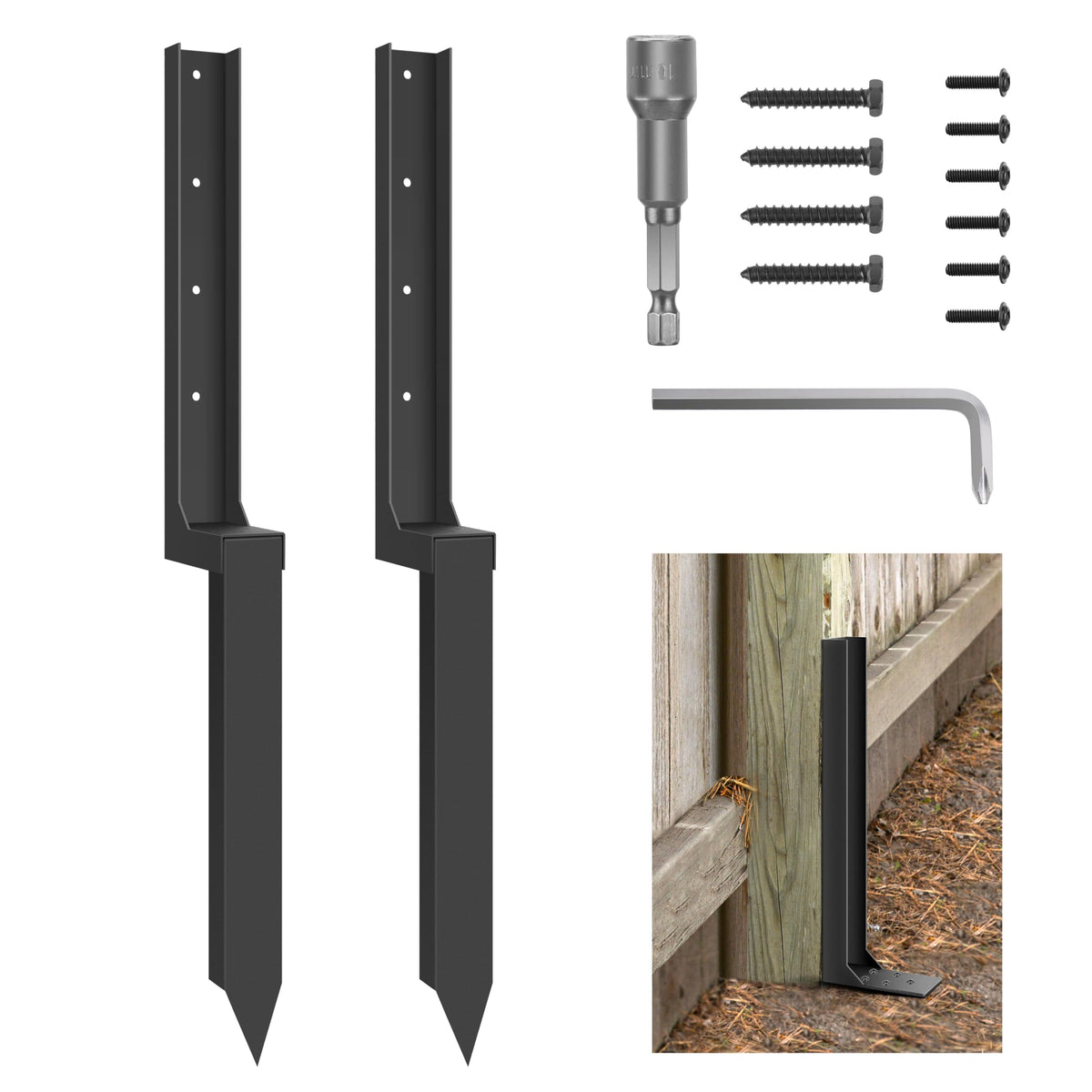 ArlinaL Fence Post Repair Kit black steel anchor spike front view