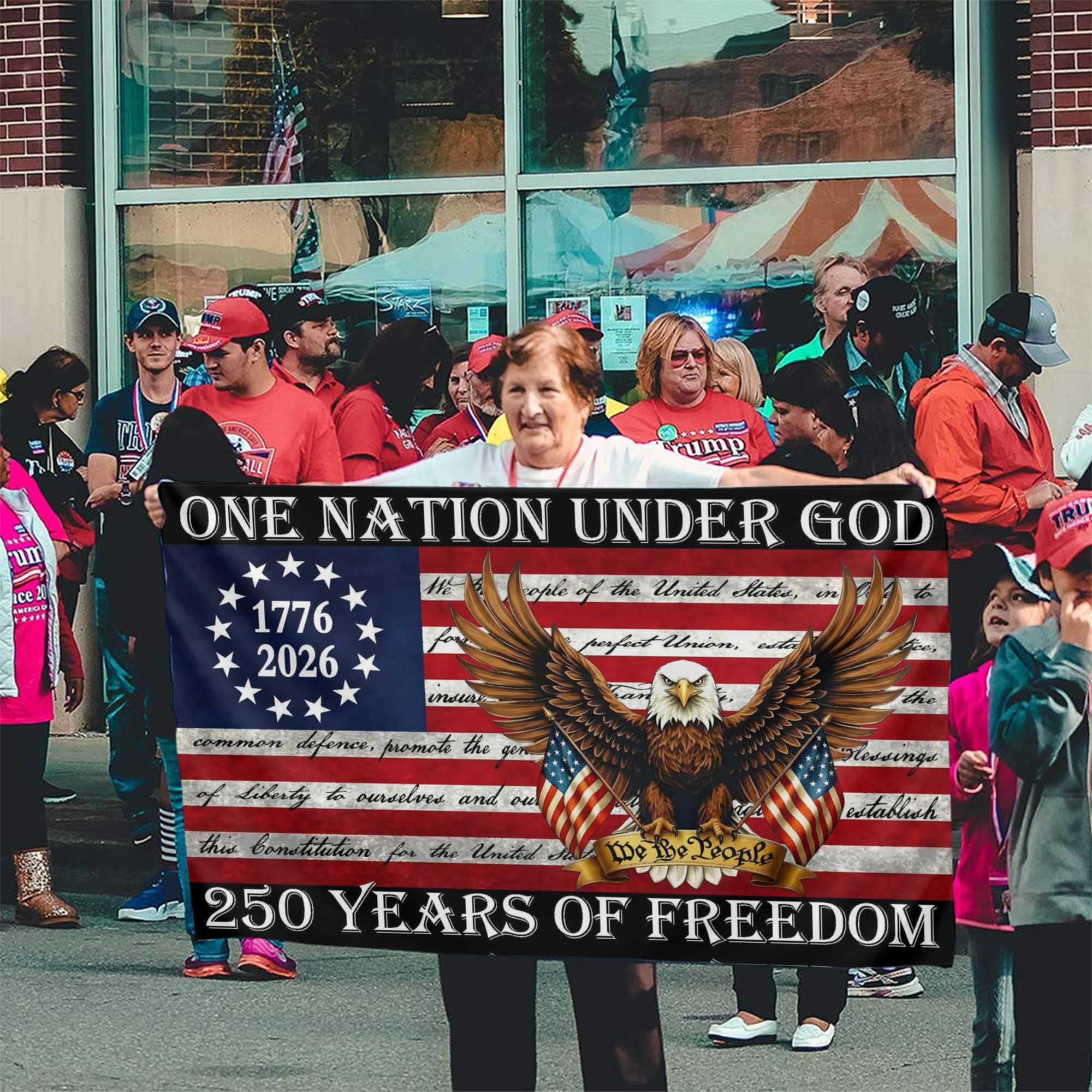 Aroxtms 250th Anniversary American Flag displayed in a backyard