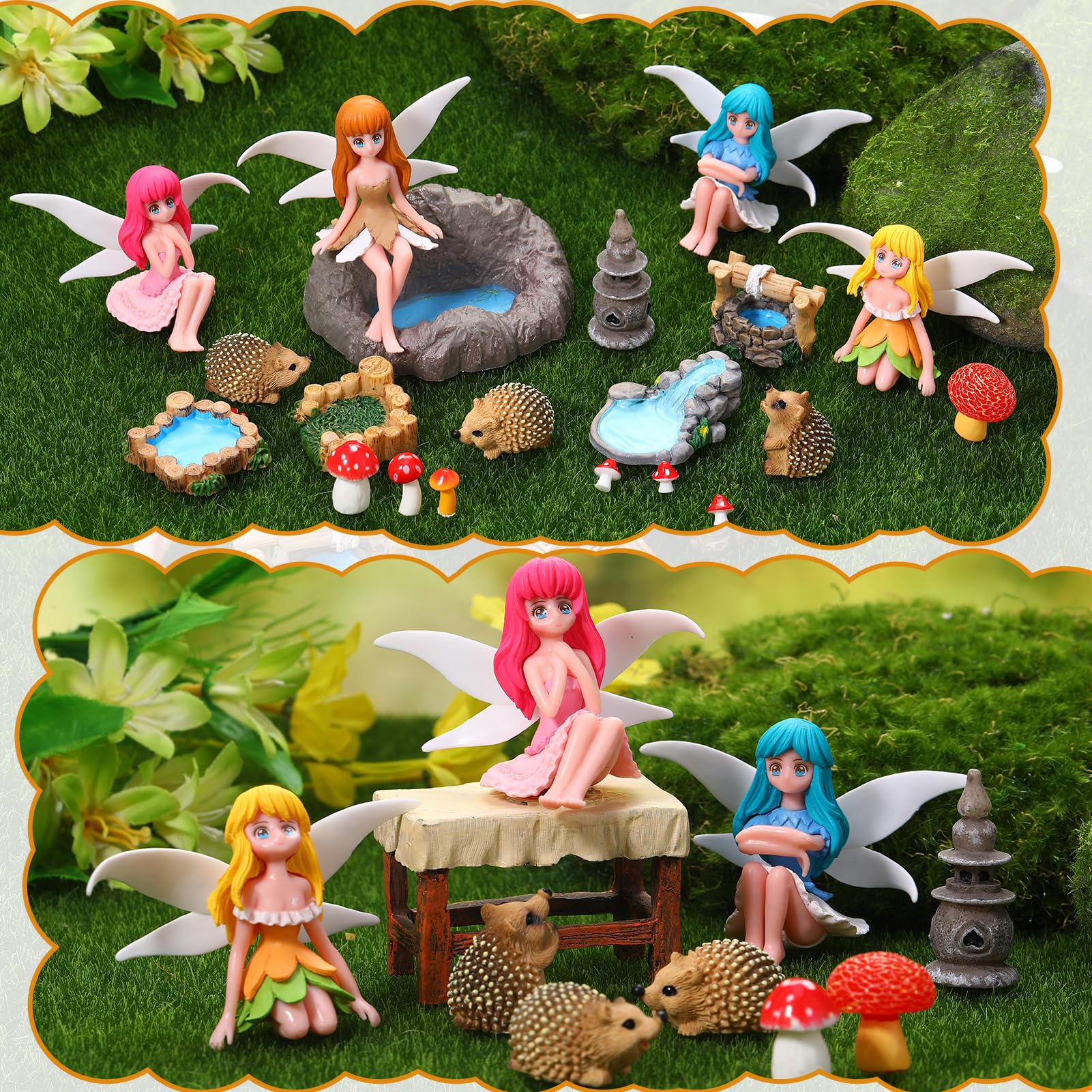 Arrangement of GGSTDDUP fairy garden figures in a terrarium