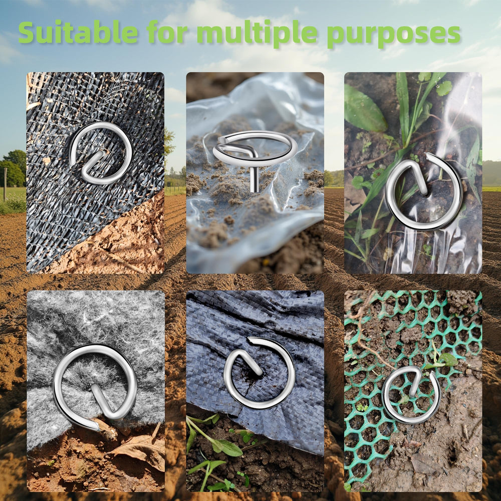Array of GXZKLMMY landscape fabric pins on grass