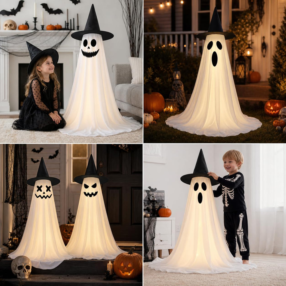 ArtCyber Halloween ghost secured with U-shaped ground anchor stakes