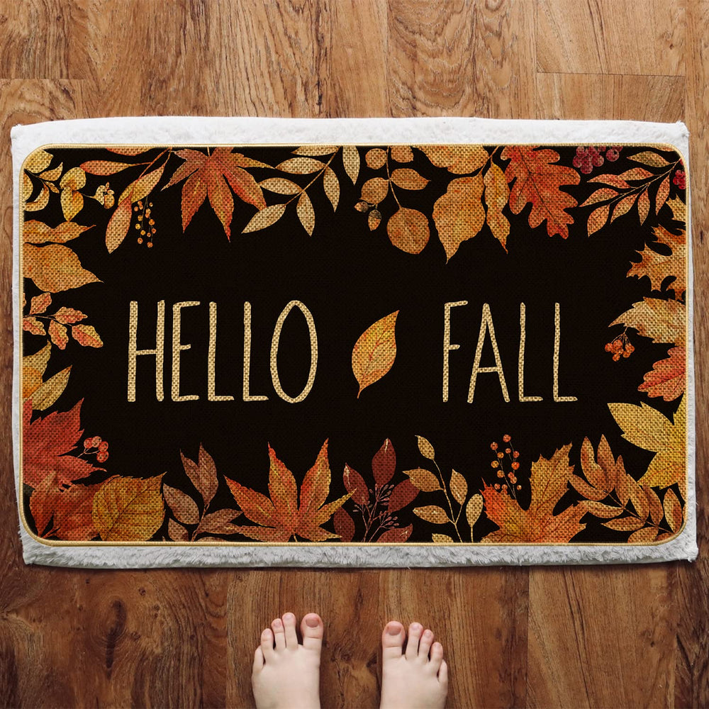 ARTDMT Hello Fall Doormat in a kitchen setting