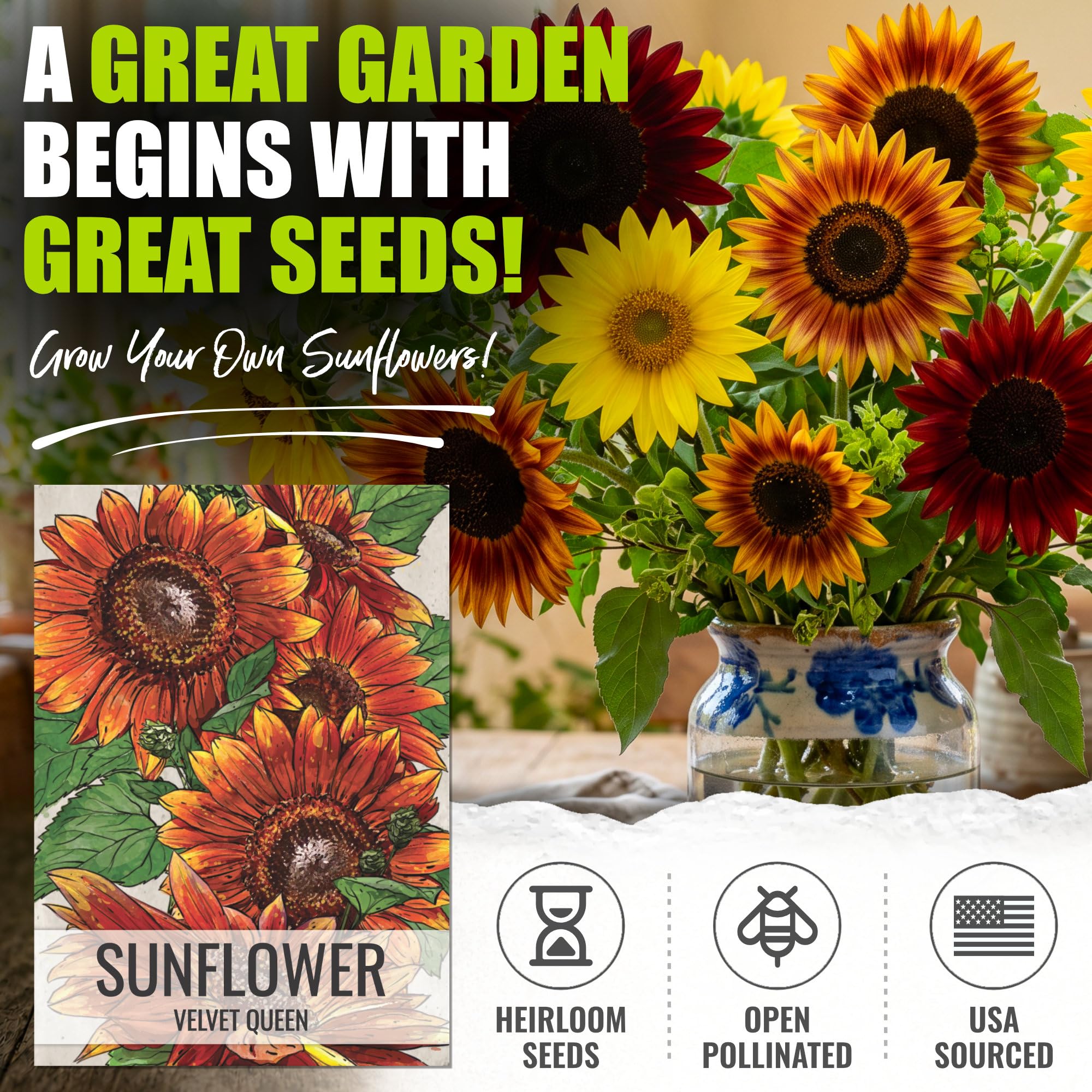 Artful illustration of Lemon Queen sunflower seed packet