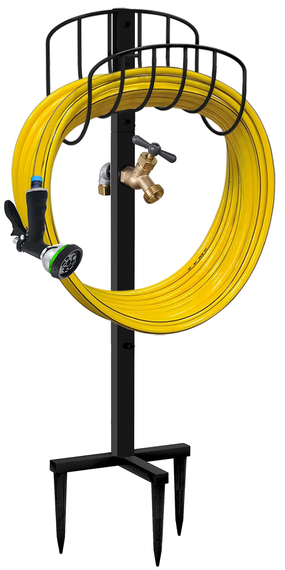 Artigarden Freestanding Garden Hose Holder front view with brass faucet