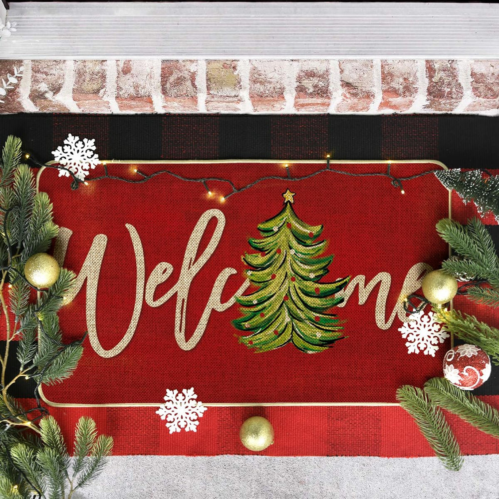 Artoid Mode Red Xmas Tree Doormat side view showing non-slip backing