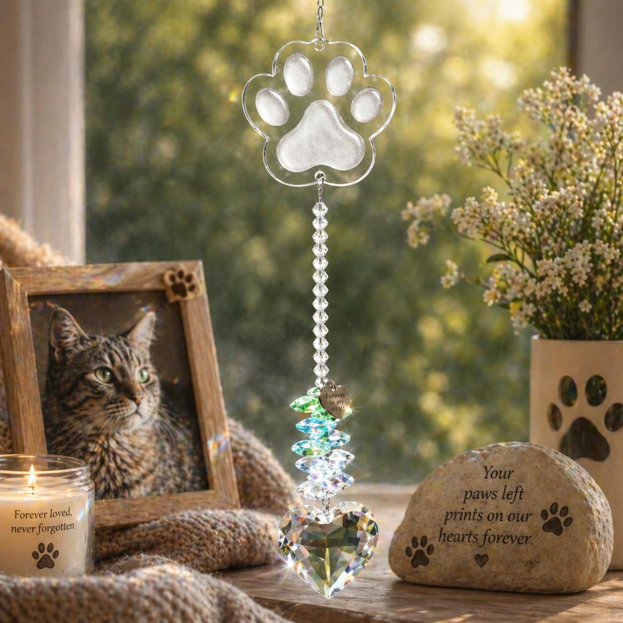 ARUN Pet Memorial Suncatcher with sunlight creating rainbow effects