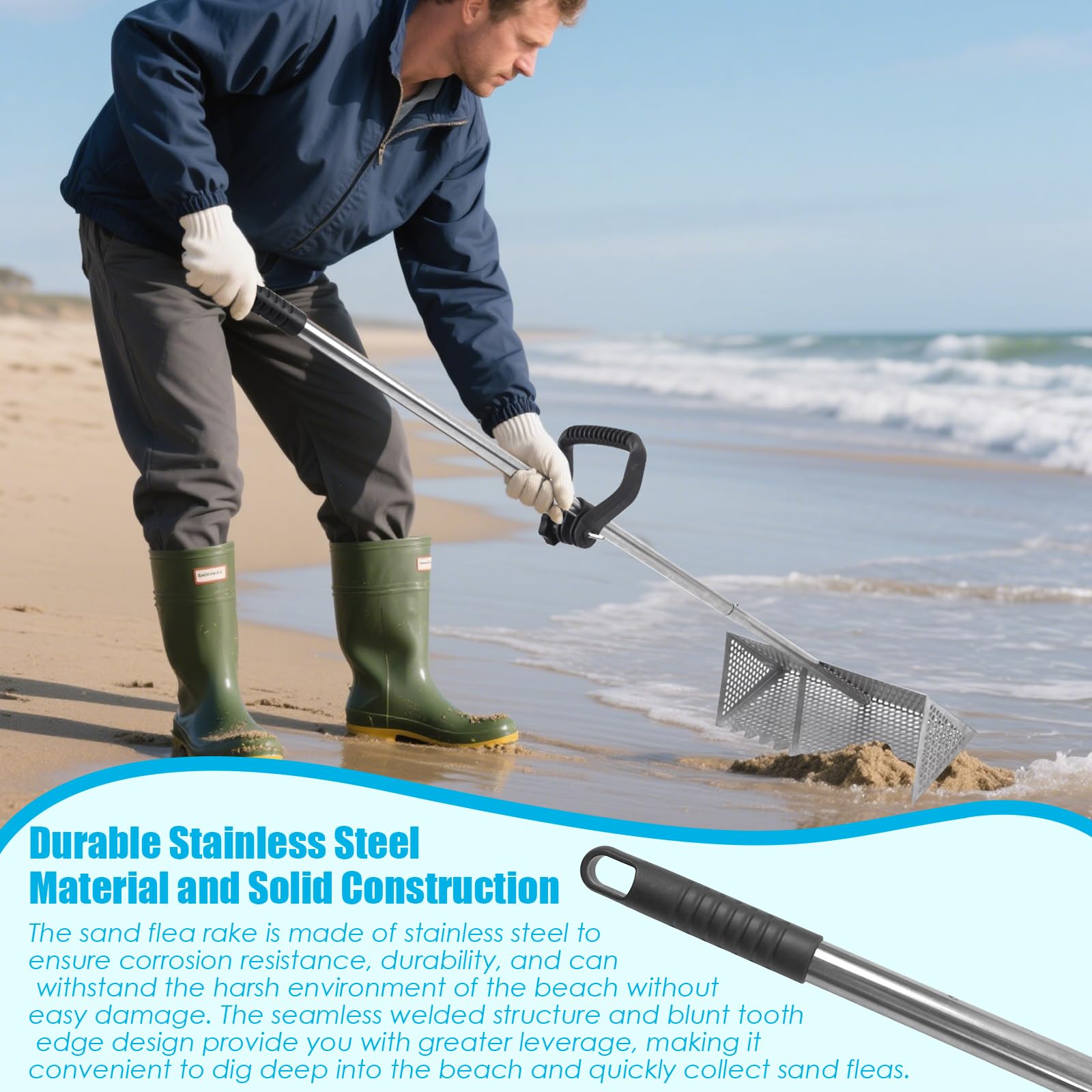 AshKiz Sand Flea Rake shown in use on the beach
