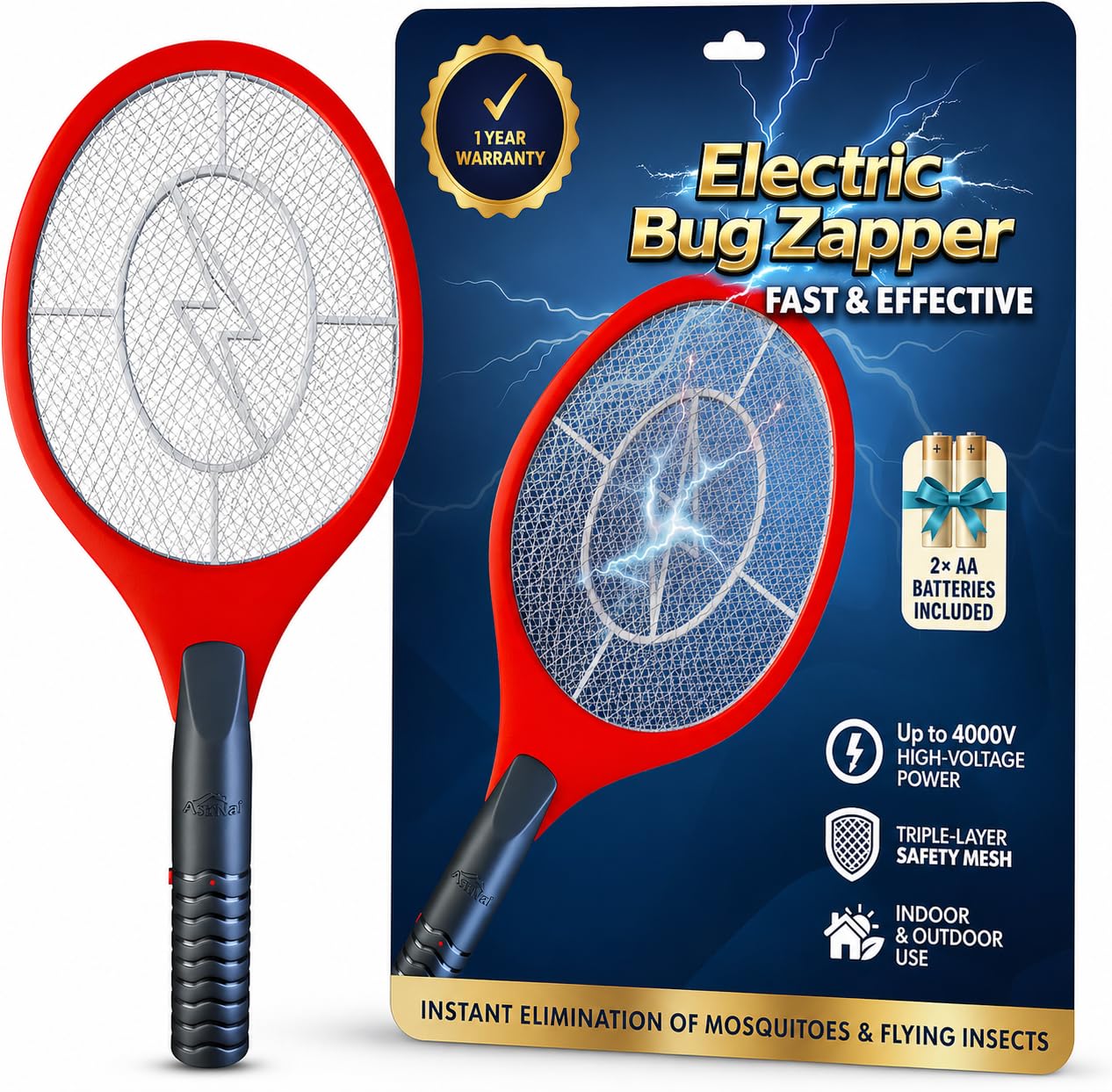 ASISNAI Bug Zapper Racket front view, red with electric mesh grid