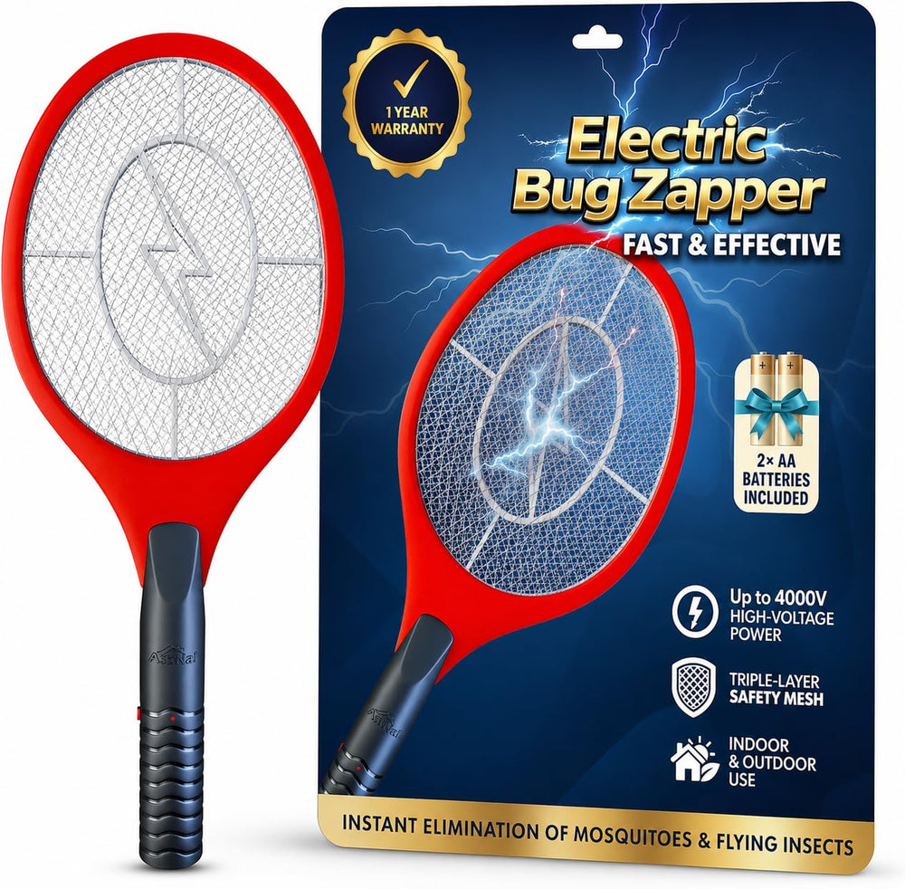 ASISNAI Bug Zapper Racket front view, red with electric mesh grid