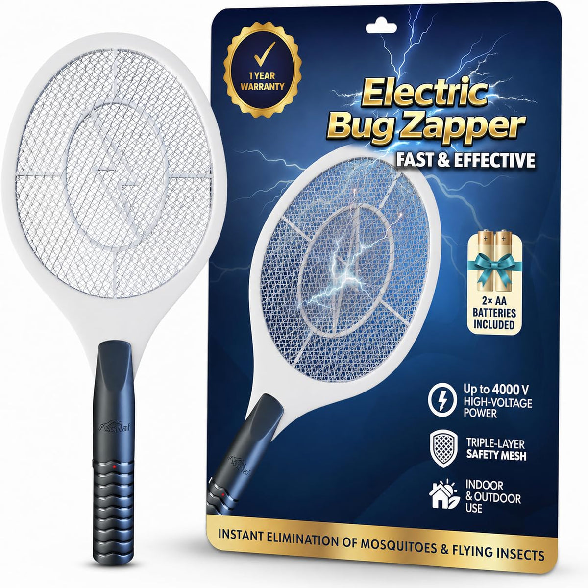 ASISNAI Electric Bug Zapper Racket front view, white