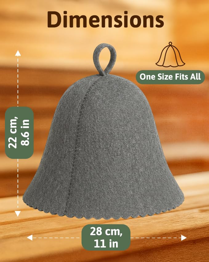 ASKOLD Wool Sauna Hat dimensions displayed next to a ruler