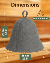 ASKOLD Wool Sauna Hat dimensions displayed next to a ruler