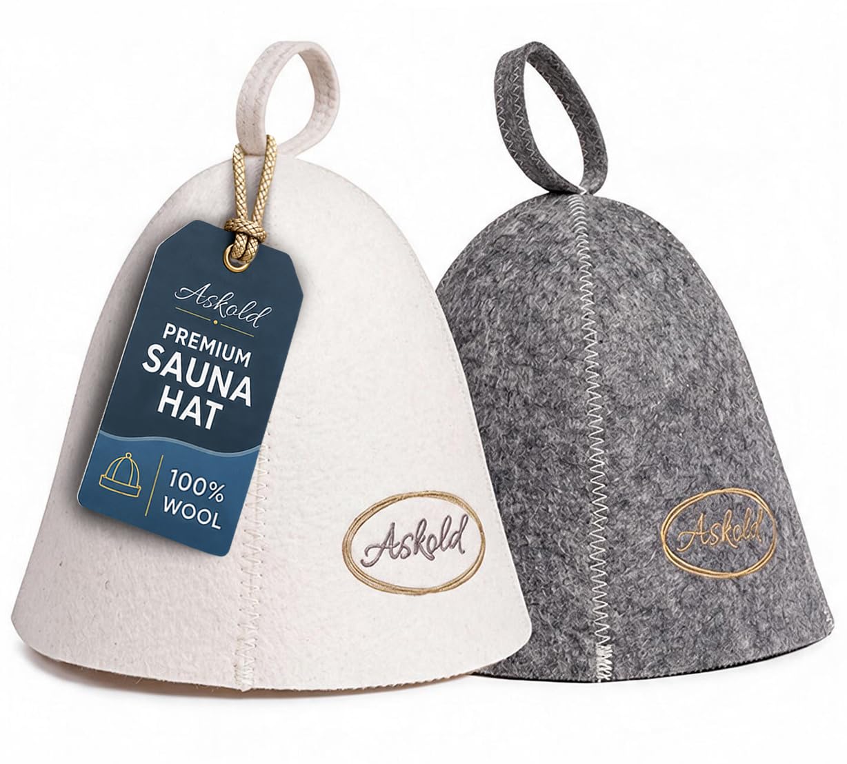 ASKOLD wool sauna hat in white-grey, front view