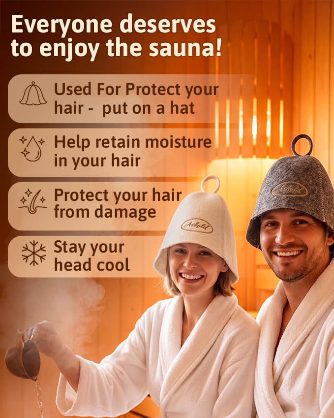 ASKOLD wool sauna hat on a wooden sauna bench