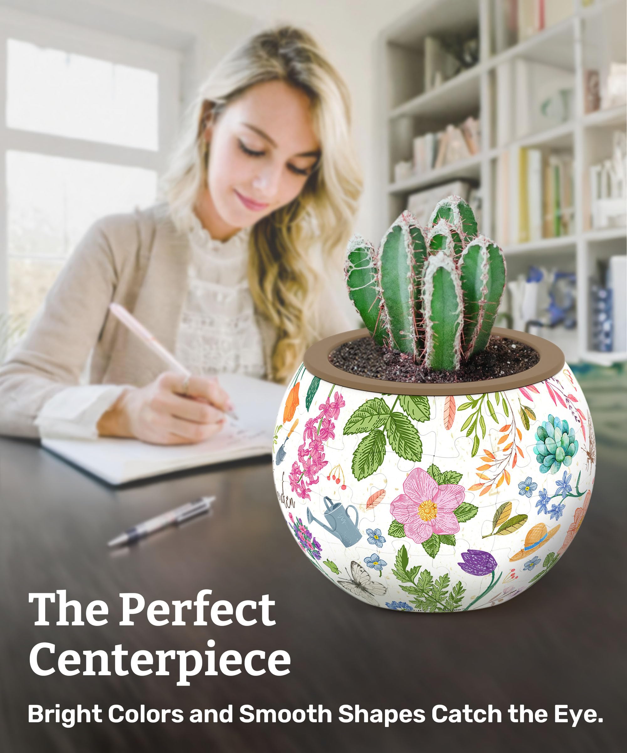 Assembled PieceRelax 3D Puzzle Planter with flowers inside