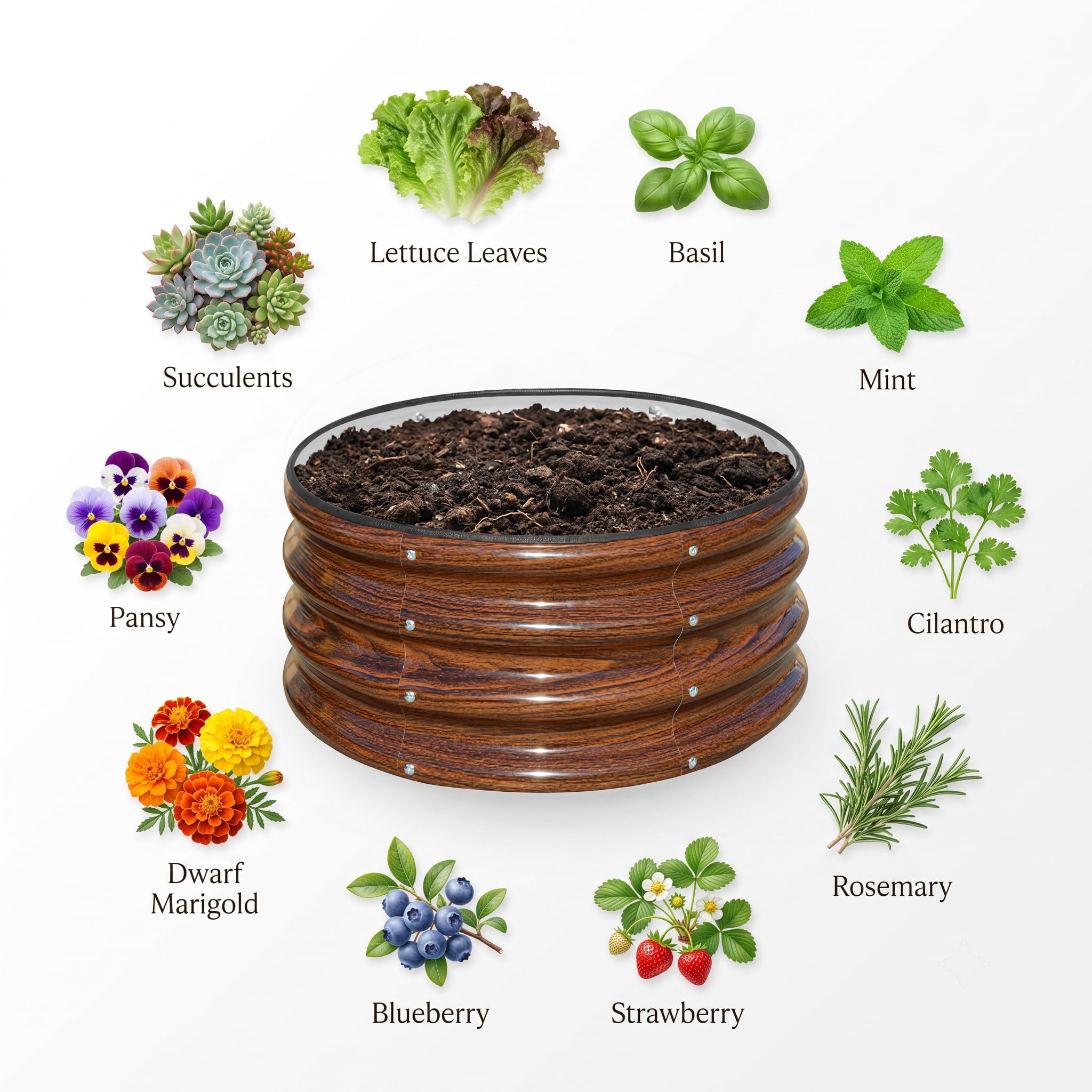 Assembled SnugNiture round galvanized raised garden bed with plants