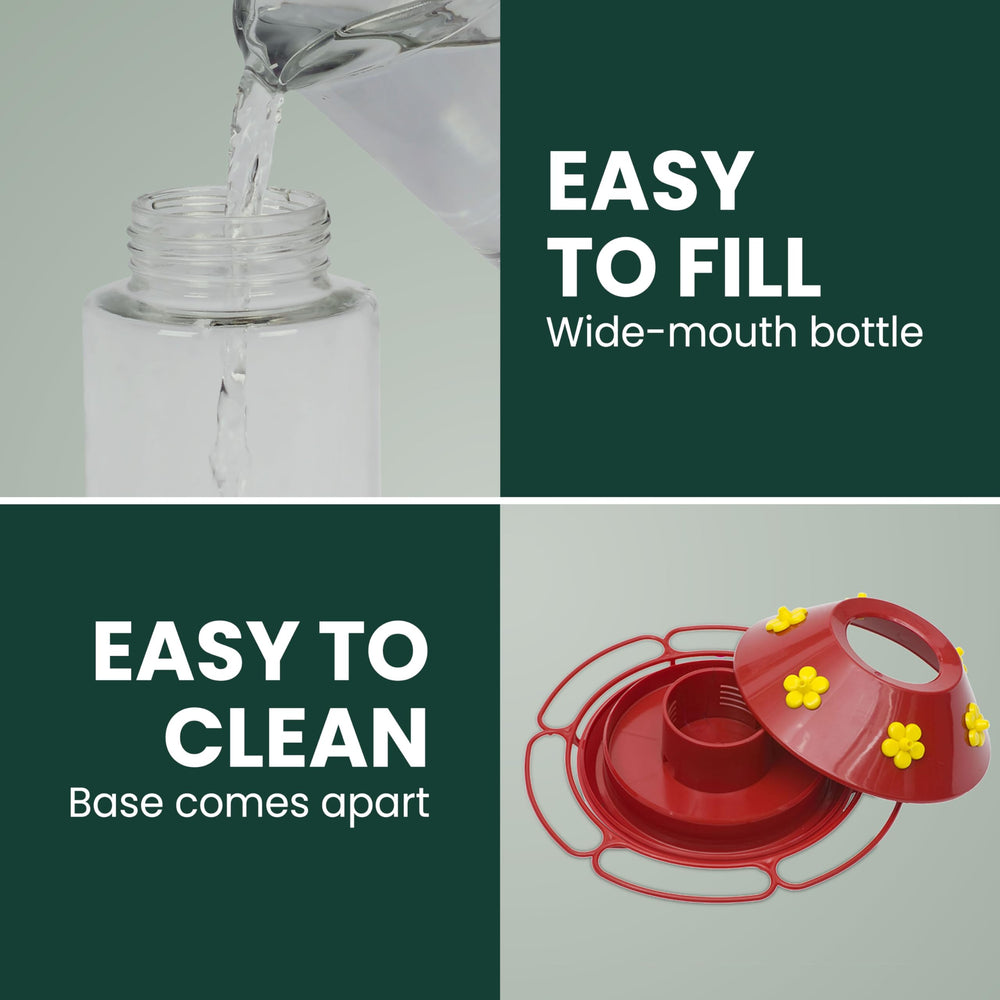 Assembly of Perky-Pet Hummingbird Feeder showing bottle and ant moat