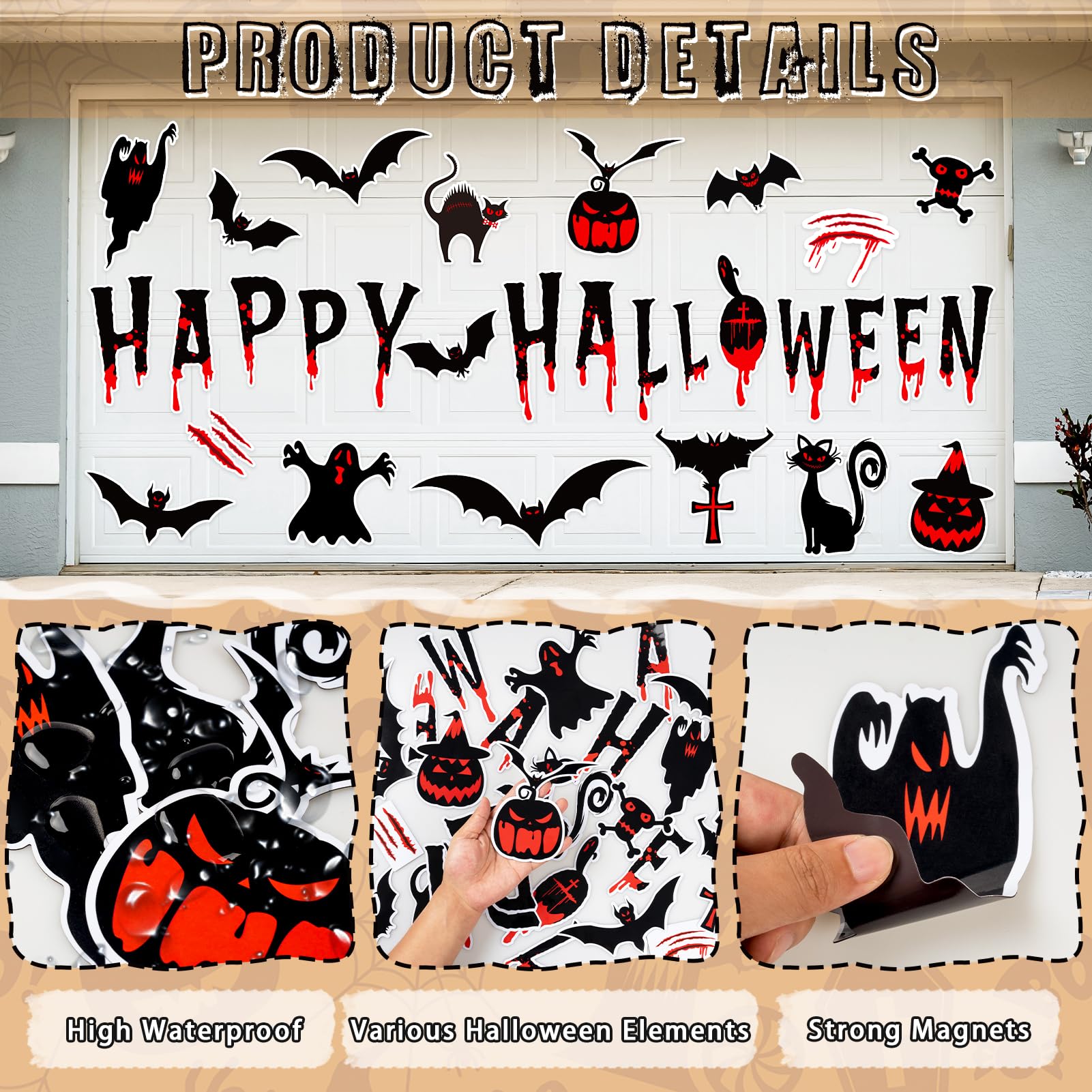 Assorted Halloween garage door magnets laid out on a surface