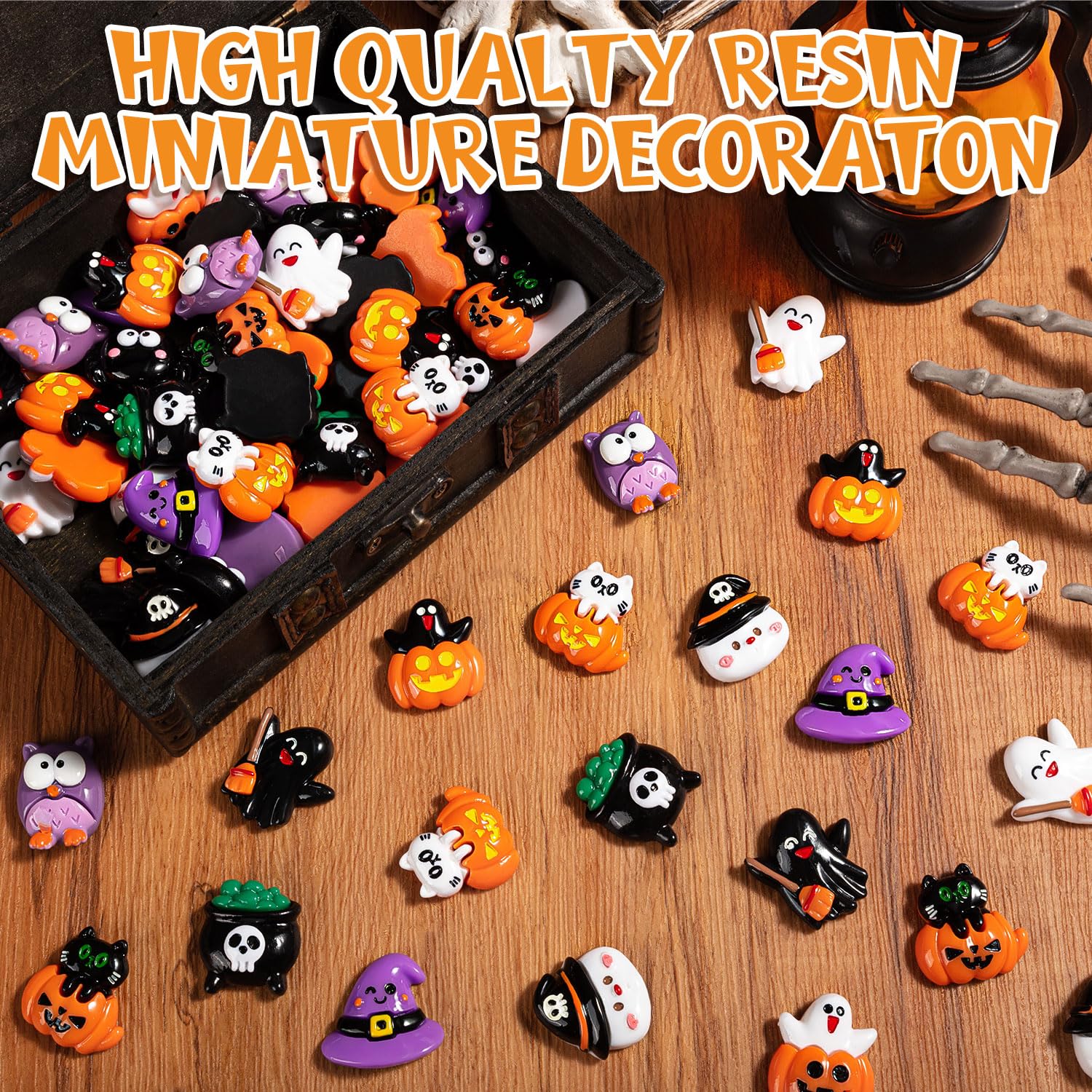 Assorted Halloween resin charms in a decorative arrangement