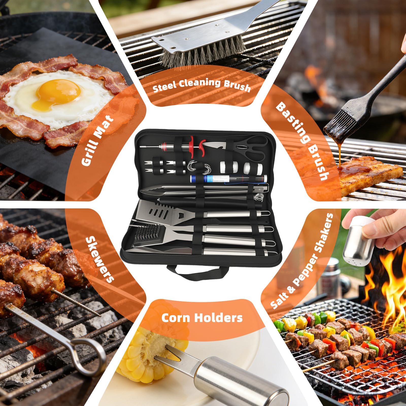 Assorted skewers and corn holders included in SINZUX BBQ tool set