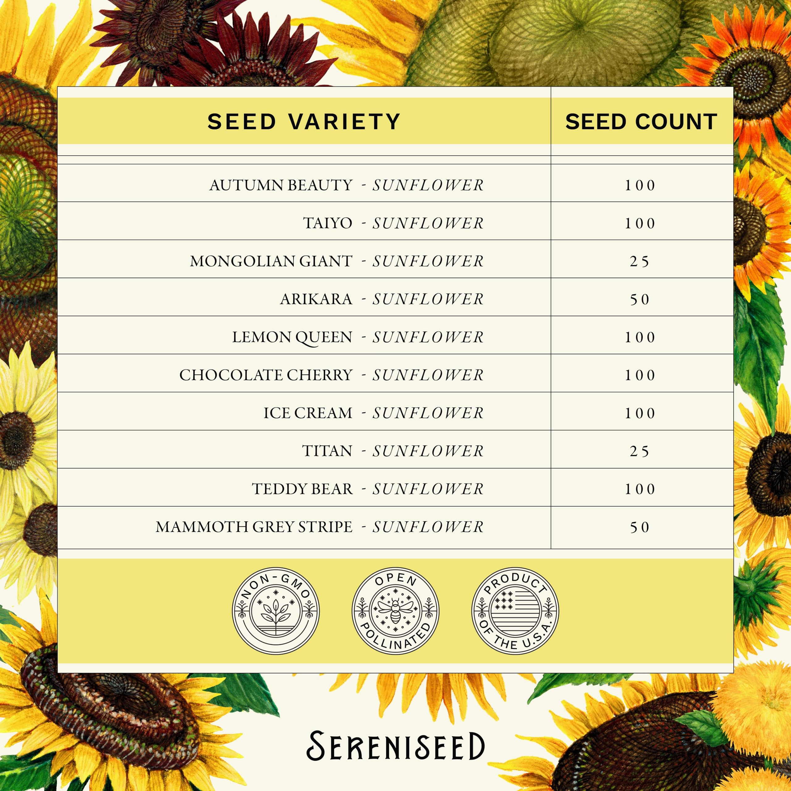 Assorted sunflower seeds from Sereniseed laid out on a wooden table