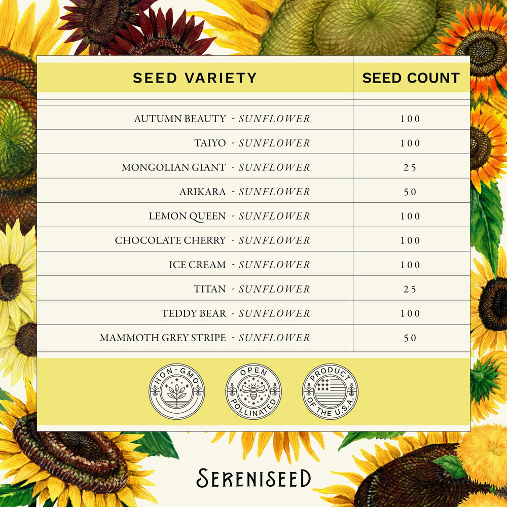 Assorted sunflower seeds from Sereniseed laid out on a wooden table