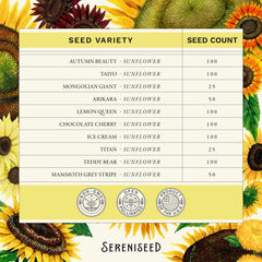 Assorted sunflower seeds from Sereniseed laid out on a wooden table