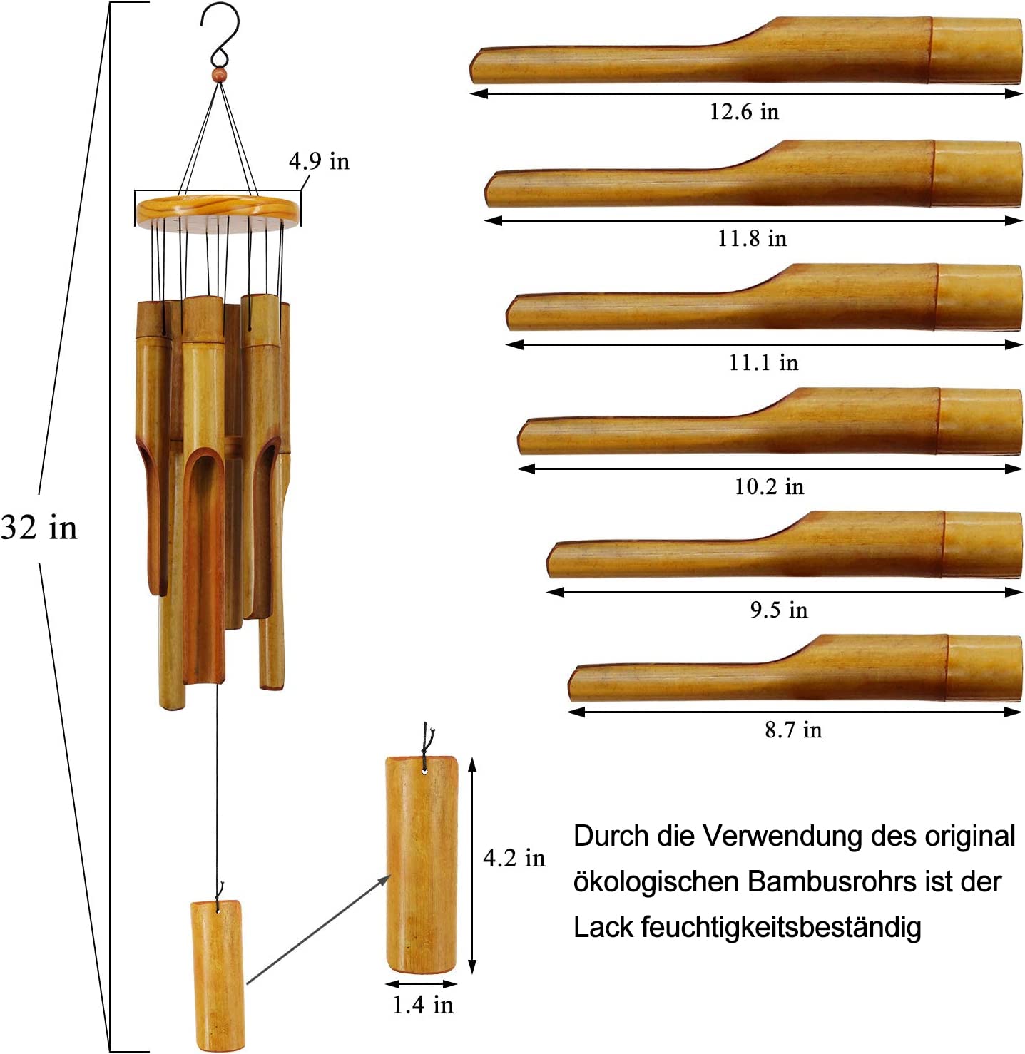 ASTARIN Bamboo Wind Chimes Outdoor 30" hanging outdoors