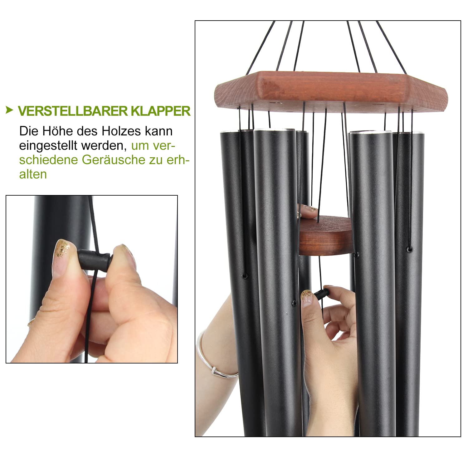 ASTARIN wind chime close-up showing black finish and wood detail