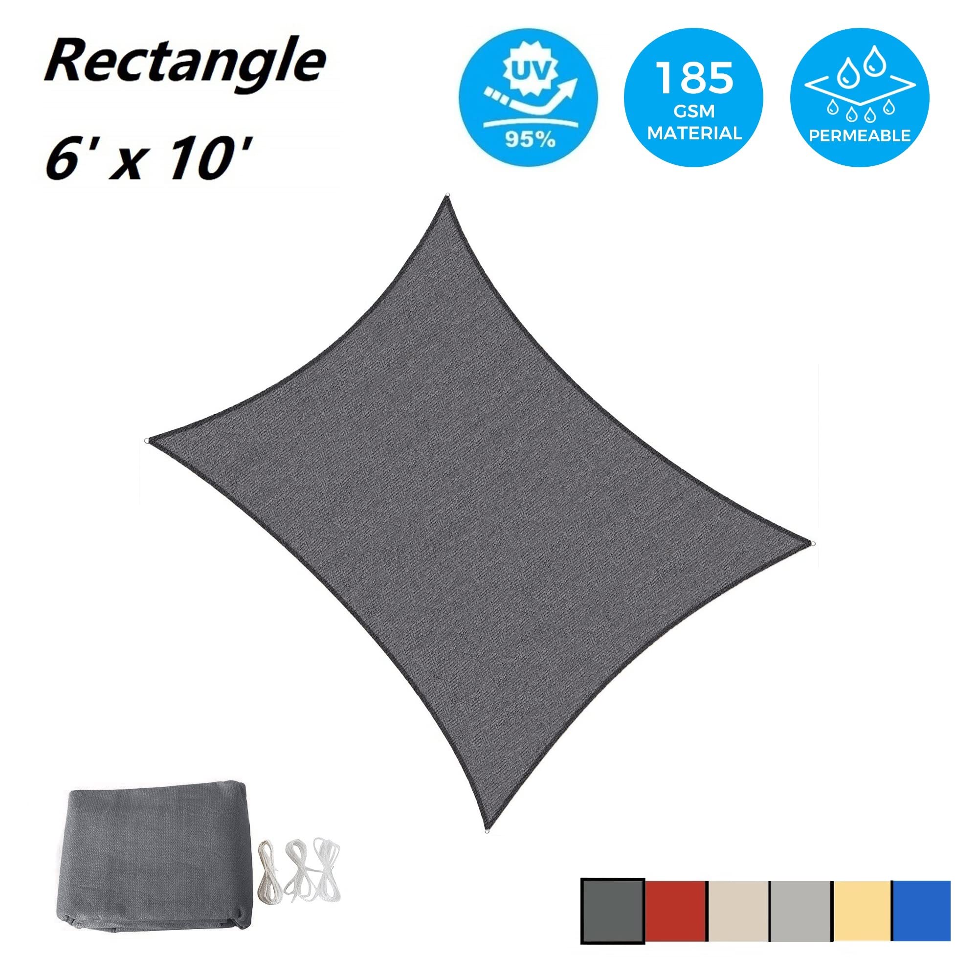 AsterOutdoor Sun Shade Sail Rectangle 6' x 10' Graphite with D-rings and ropes
