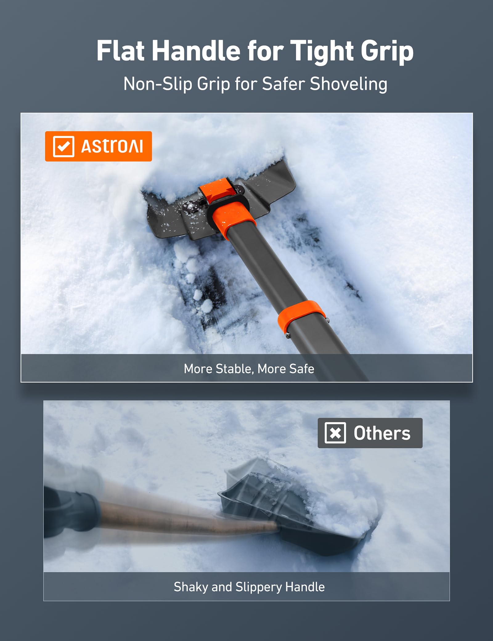 AstroAI snow shovel showing D-shaped handle for stability