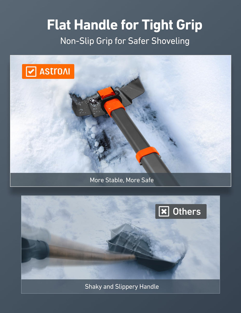 AstroAI snow shovel showing D-shaped handle for stability