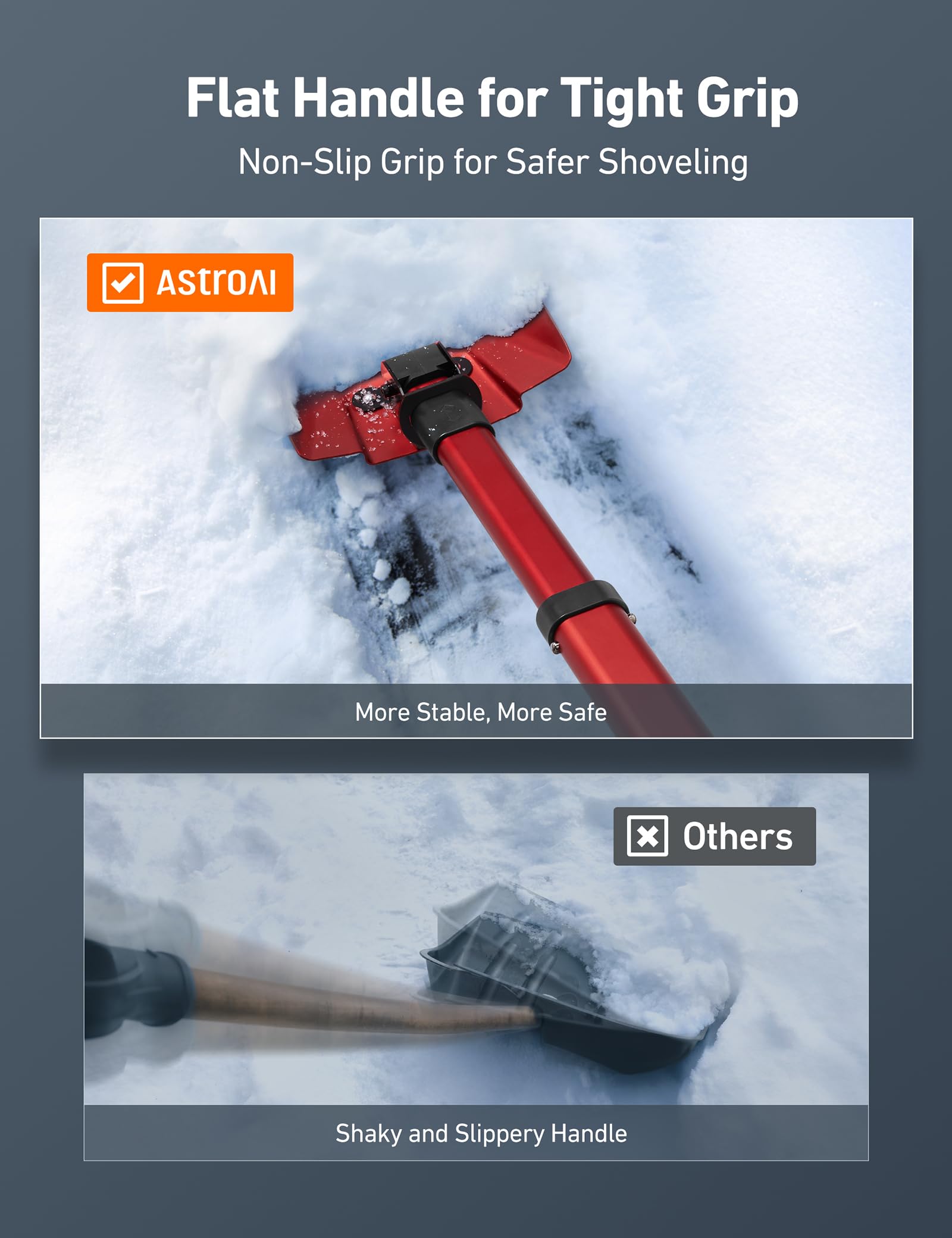 AstroAI snow shovel with aluminum blade and ABS plastic handle