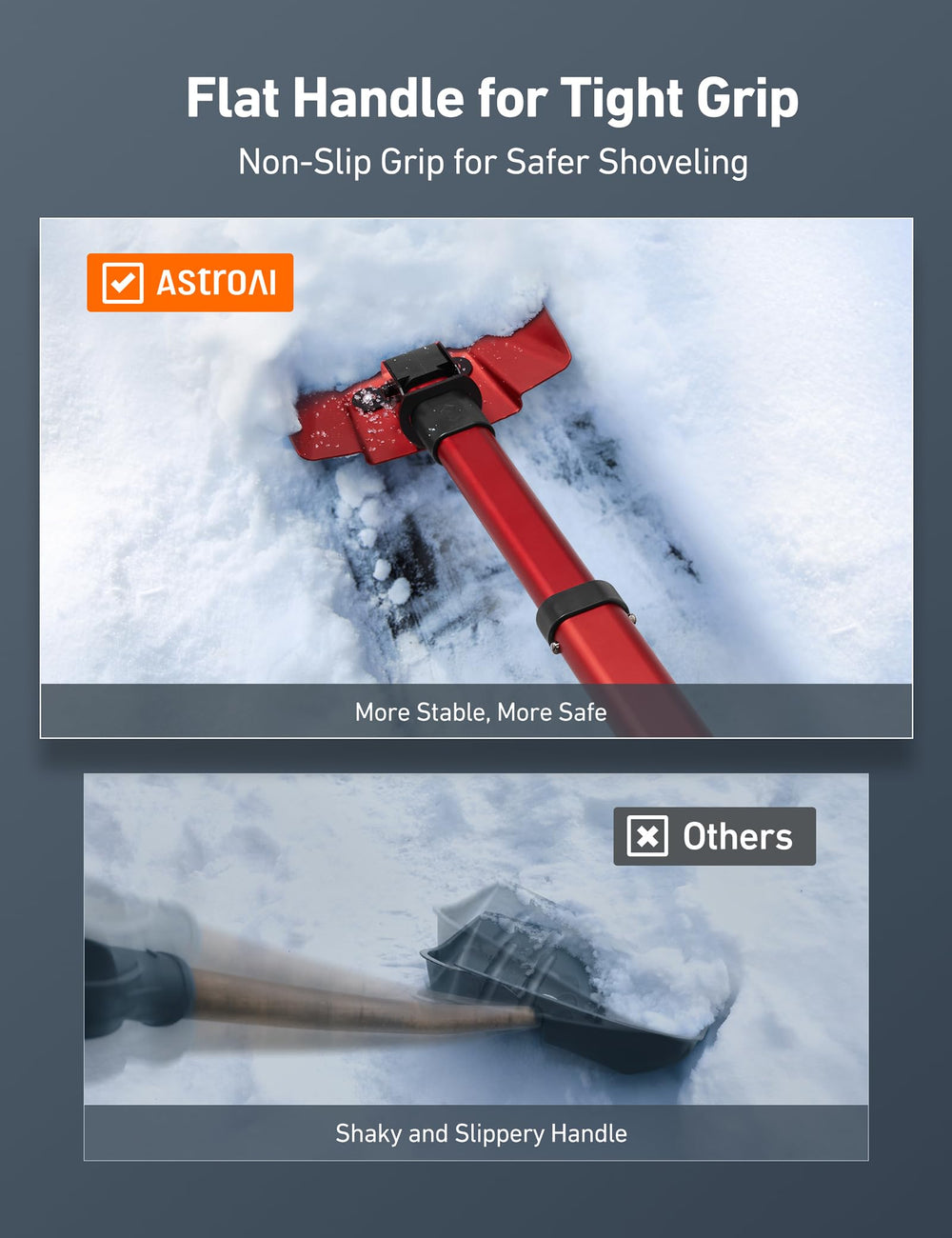 AstroAI snow shovel with aluminum blade and ABS plastic handle
