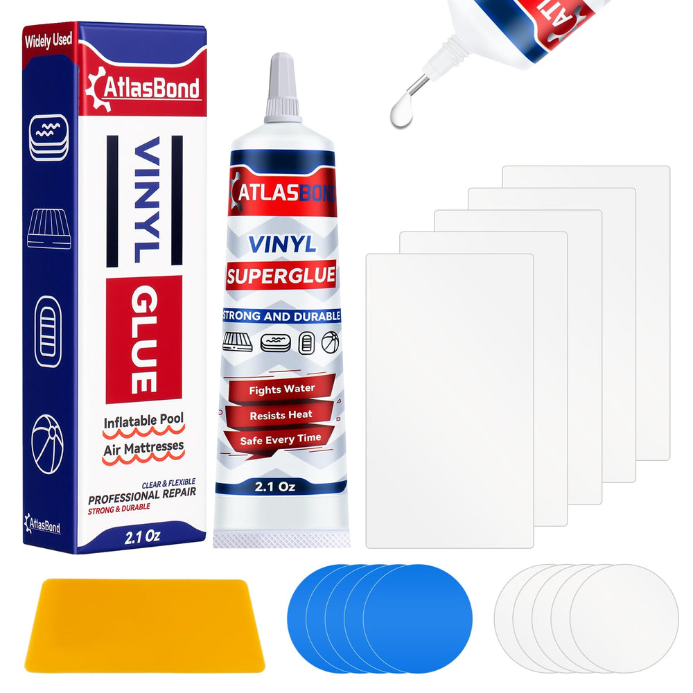 ATLASBOND Air Mattress Patch Kit contents including PVC glue and patches
