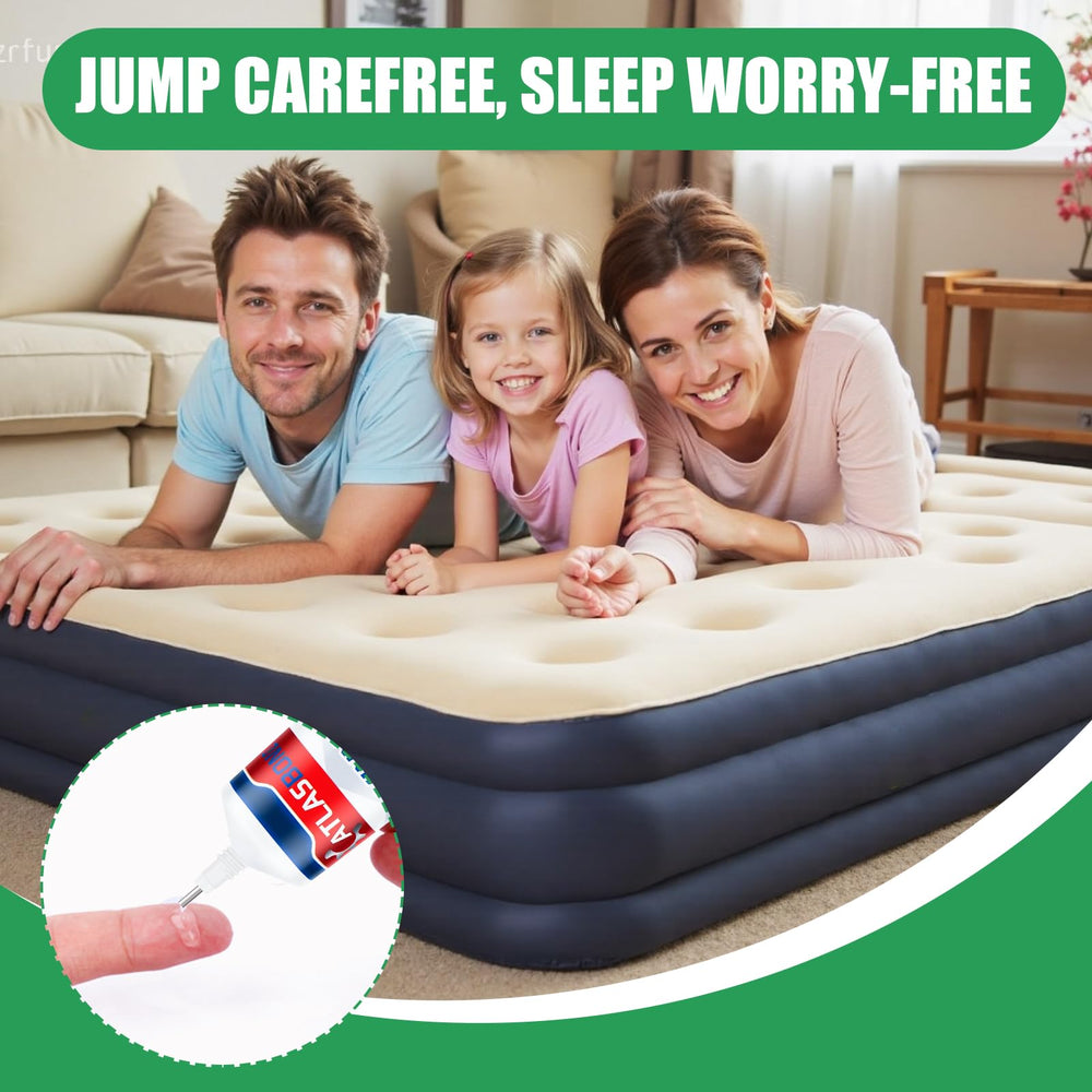 ATLASBOND Air Mattress Patch Kit displayed with outdoor inflatable
