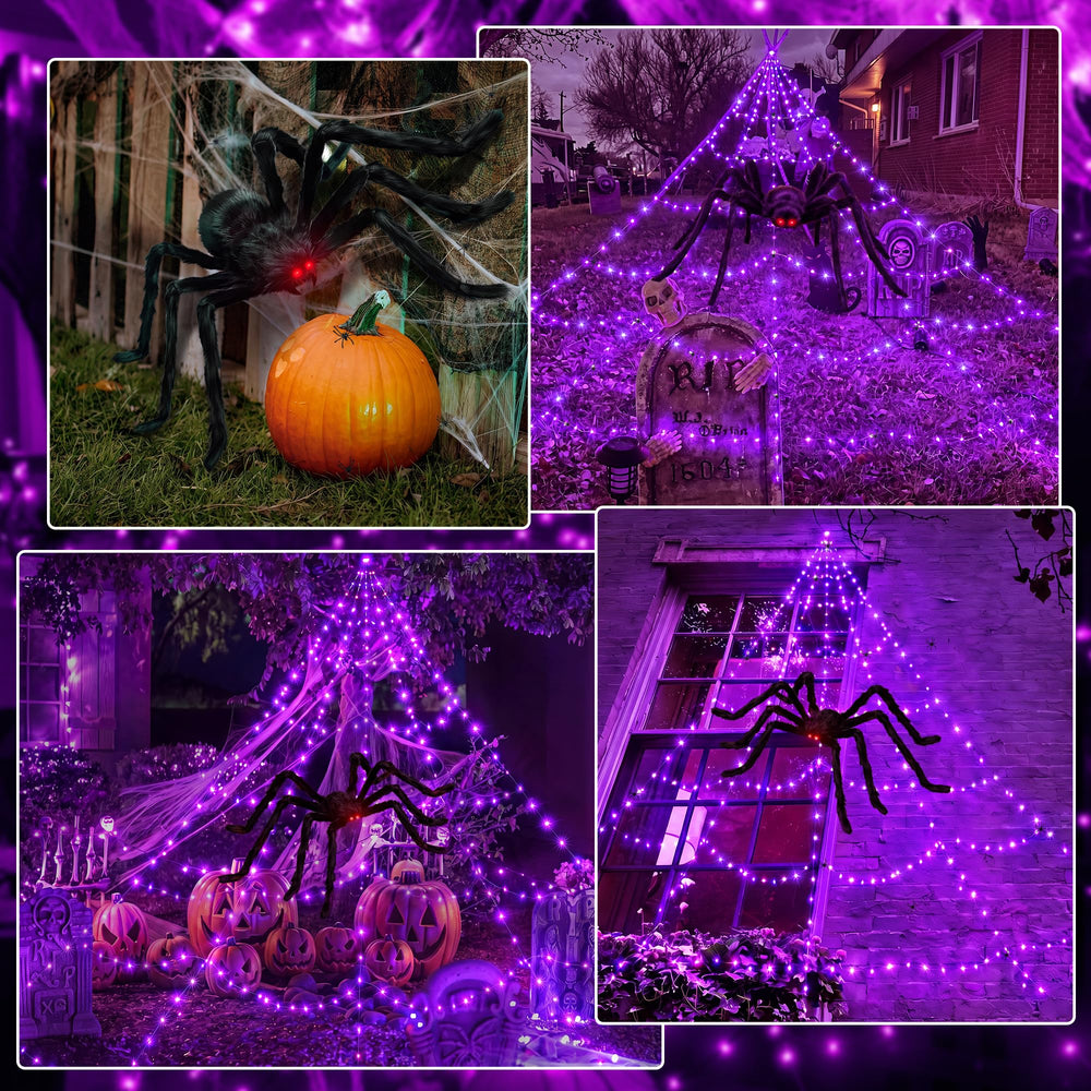 Atmospheric nighttime view of the spider web lights in use