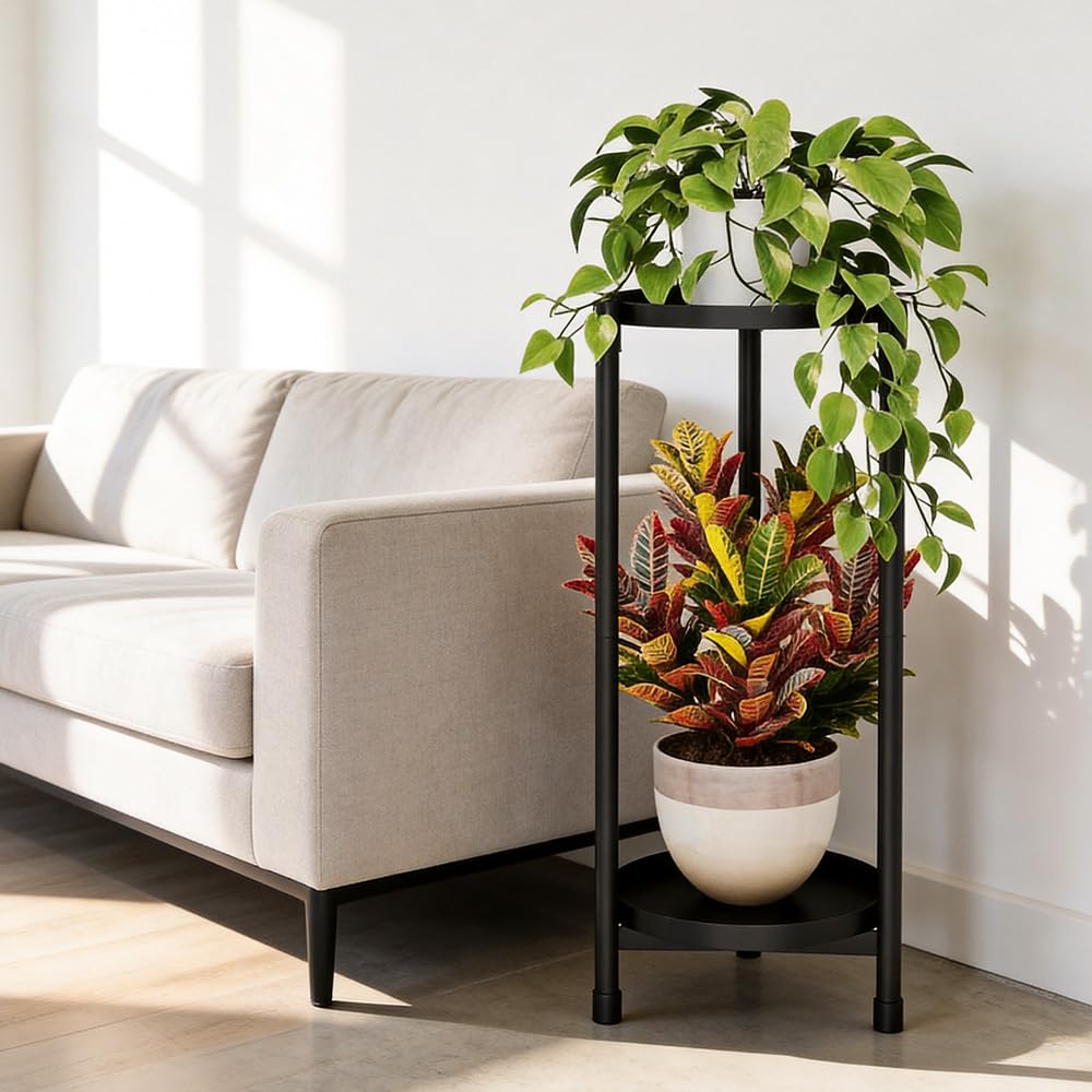 Atpddpey 2 Tier Black Plant Stand in garden setting